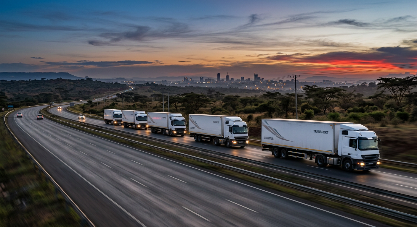 Samar Trace tracked fleet of trucks on a Kenyan highway at dusk